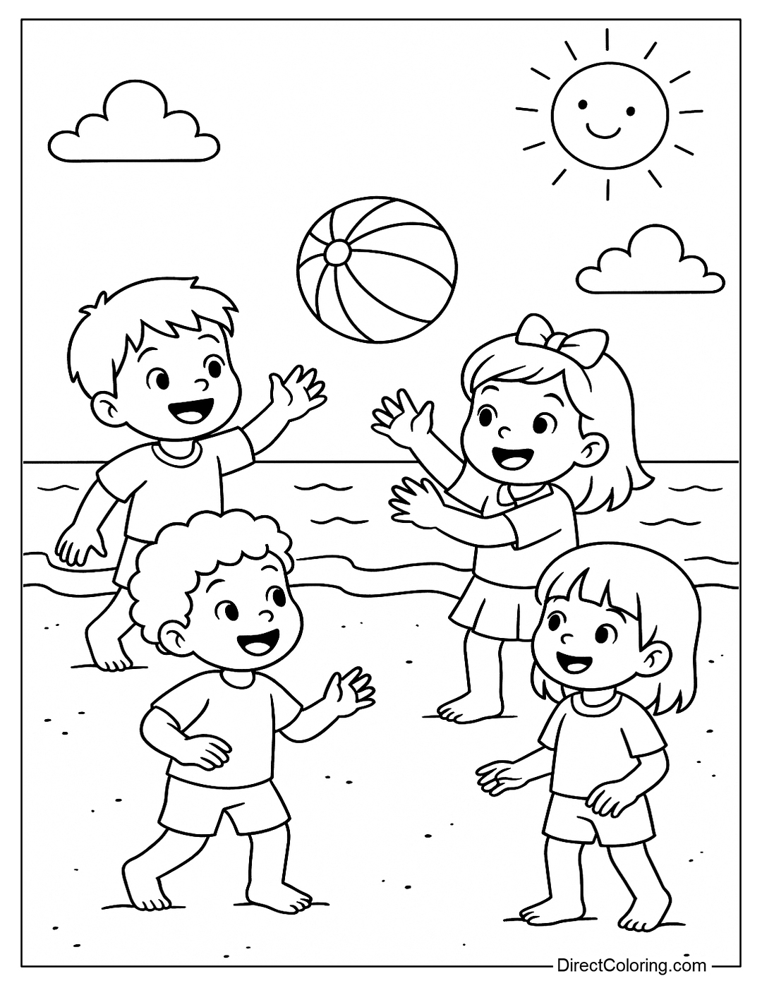 a coloring page of a group of kids playing with a ball on the beach, round balls with stripes.